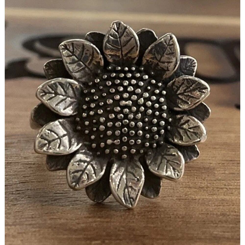 Vintage 925 Sunflower Ring Sterling Silver Floral Daisy Boho Ring Size 6.25